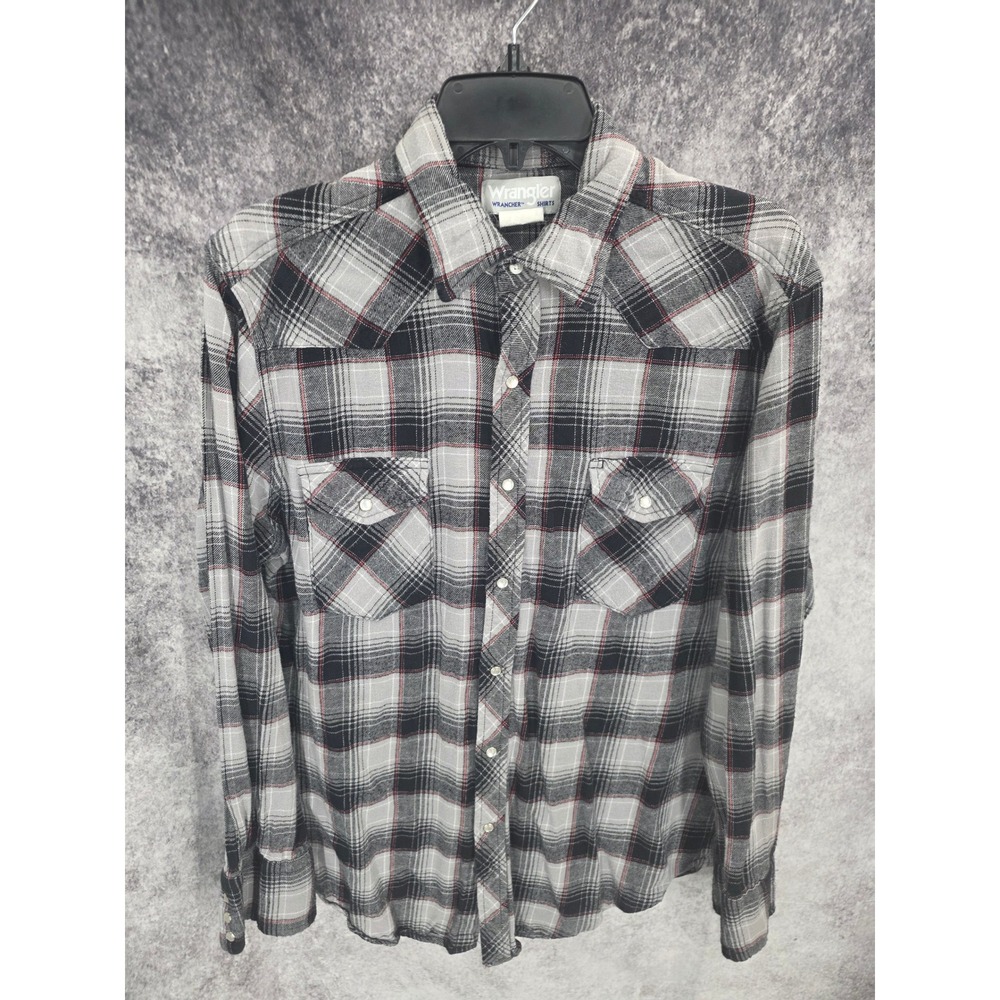 Wrangler Wrancher Flannel Shirt Mens Large Black Plaid Pearl Snap Cowboy Rodeo